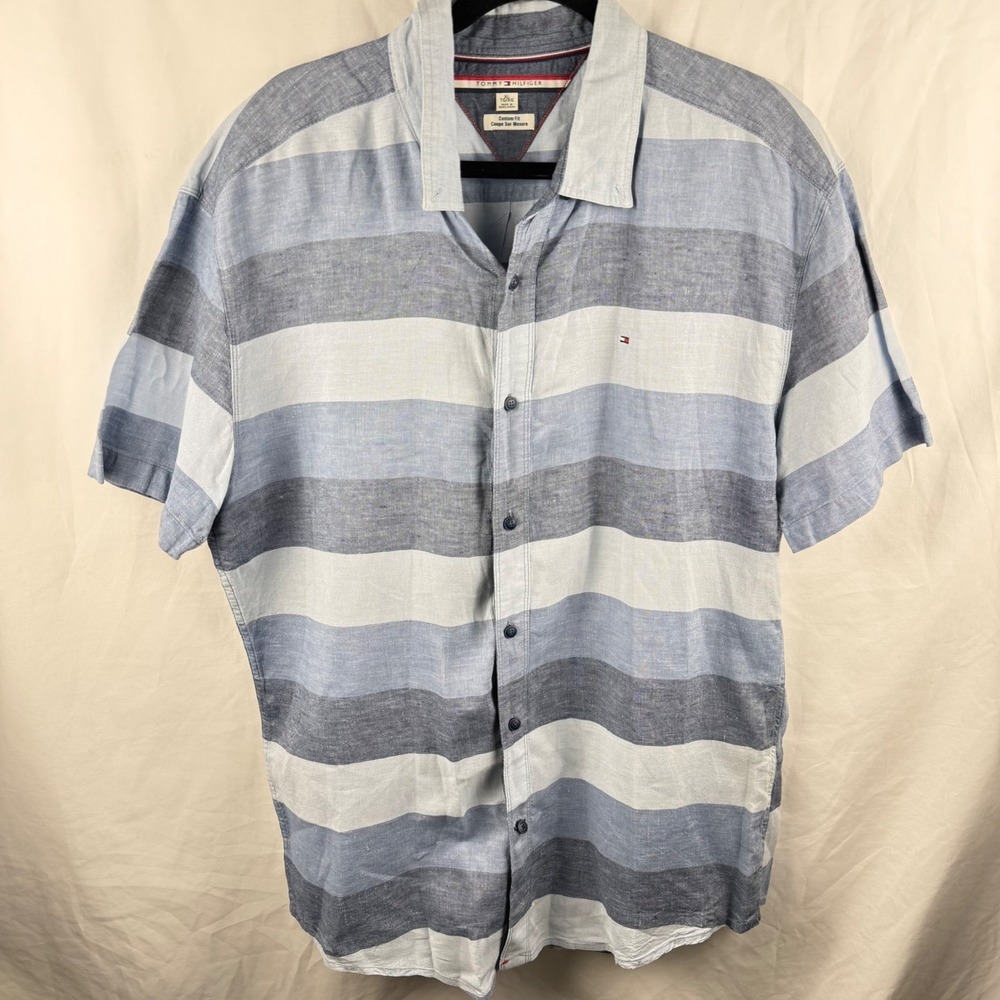 Tommy Hilfiger Linen Cotton Wide Striped Short Sleeve Button Down XL‎